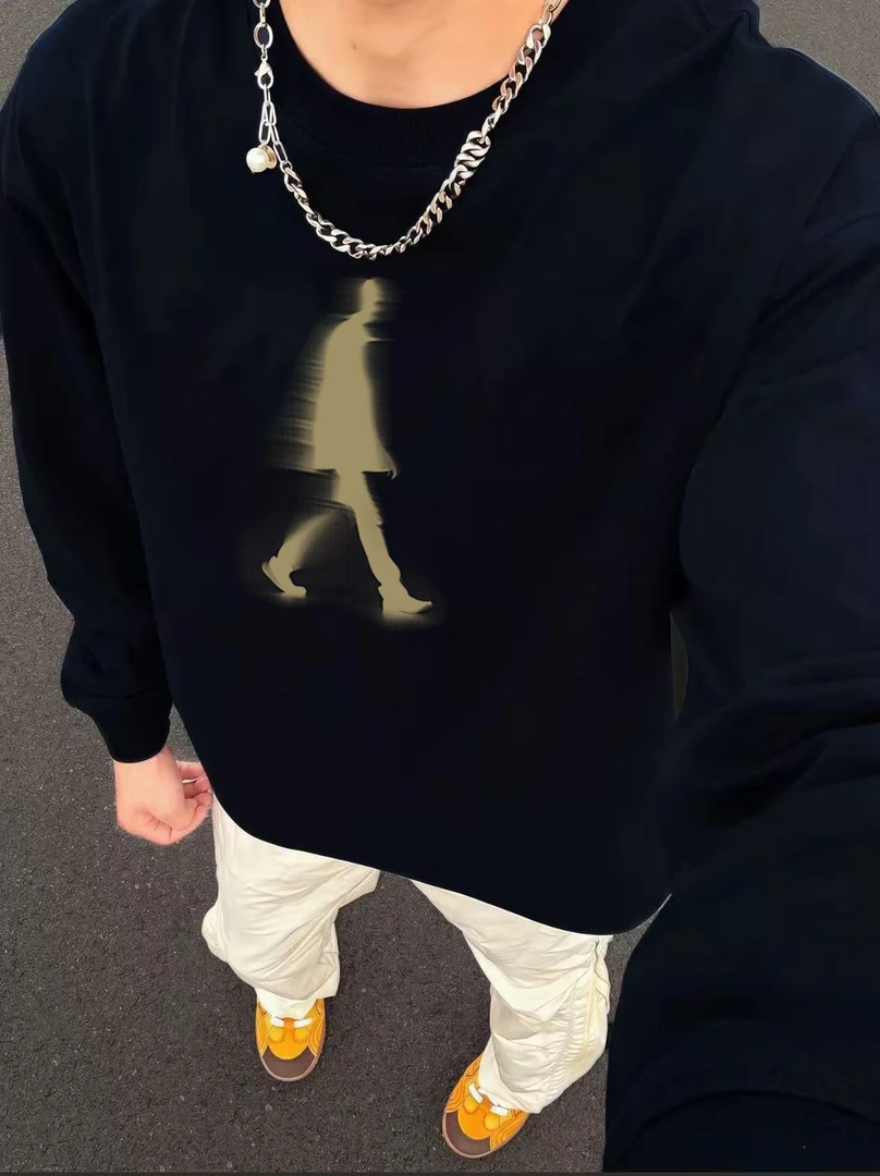 男重磅纯棉秋冬上衣长袖T恤美式潮流设计感人影痞帅长袖打底T恤男