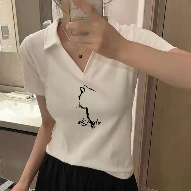 正肩翻领polo衫短袖t恤女2025新款爆款夏季小衫修身短款洋气上衣