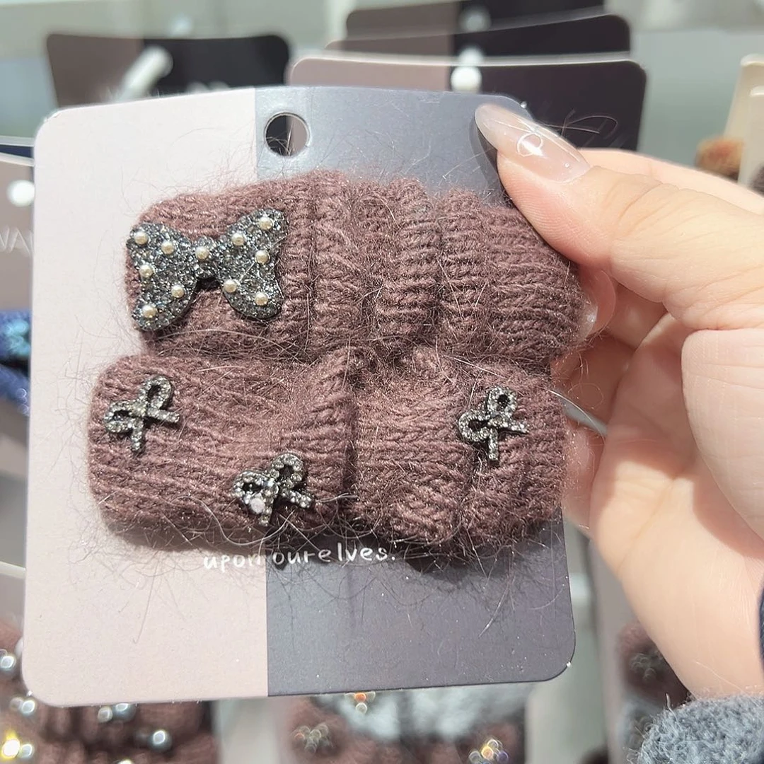 非金属咖色蝴蝶结毛线掰掰一对