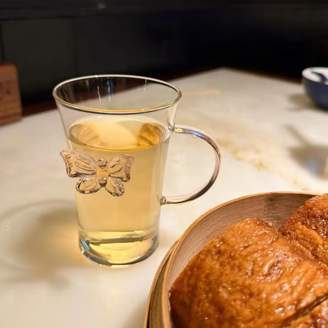 明尚德蝴蝶绿茶杯单支装玻璃茶杯水杯透明家用过滤高颜值简约