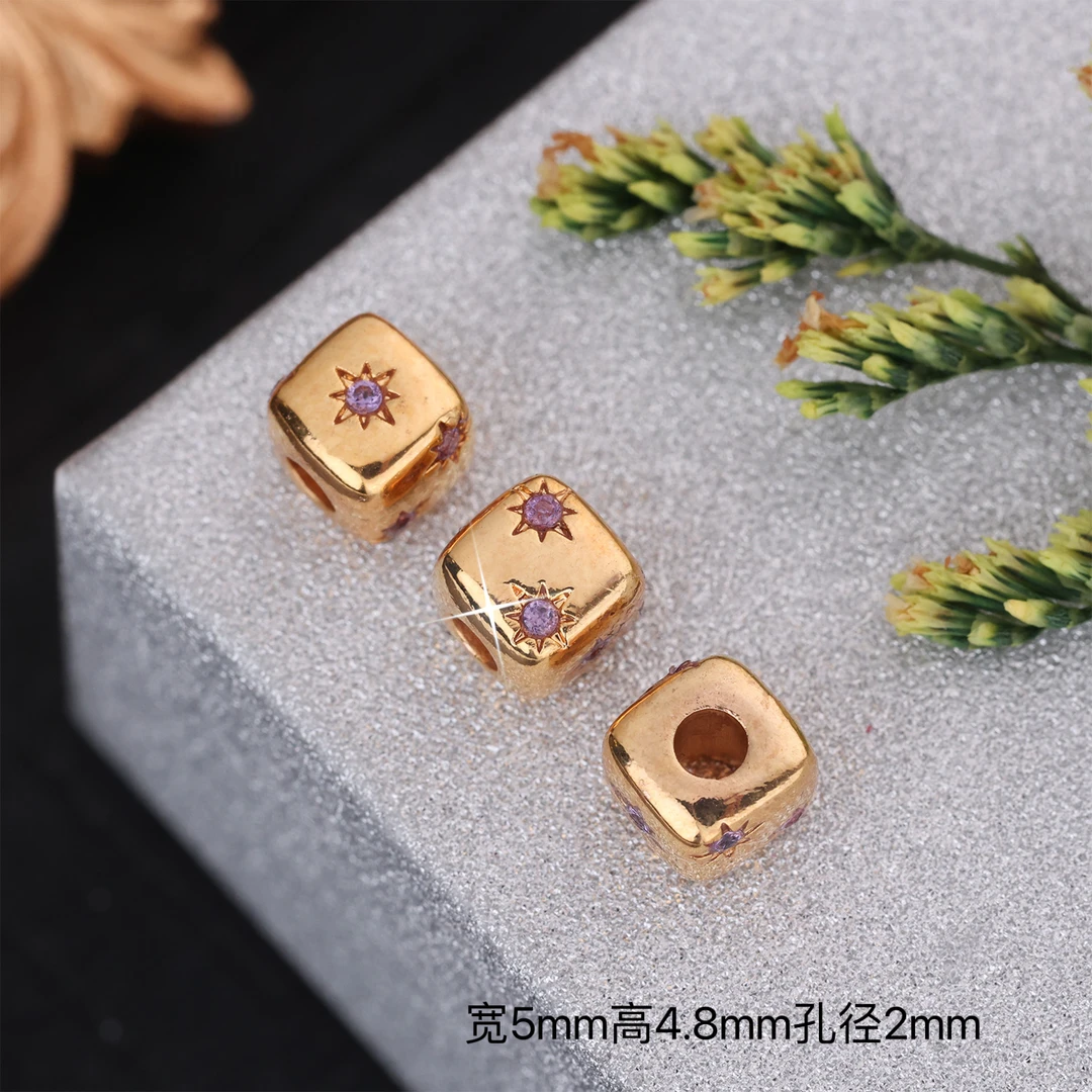 【来福工厂】18k金豪镶紫色薰衣草5mm方块骰子珠星月隔珠DIY配饰