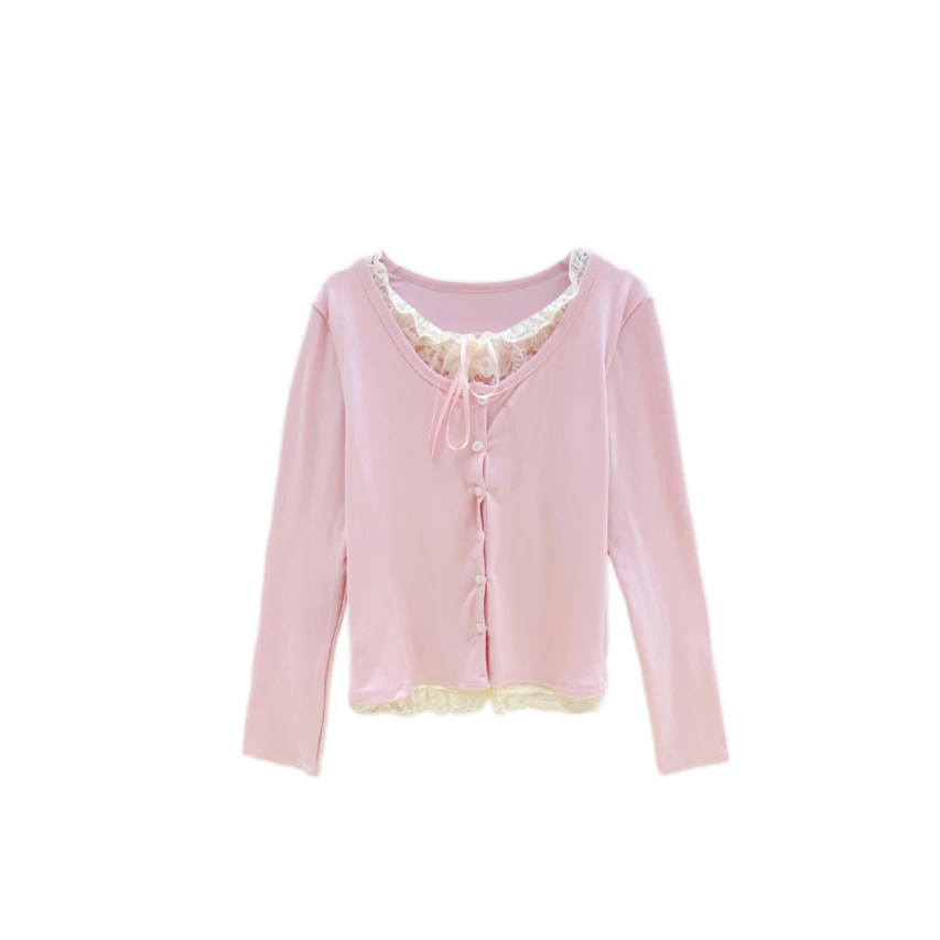 【粉色佳人】2025早春新款时尚休闲蕾丝拼接上衣H1451