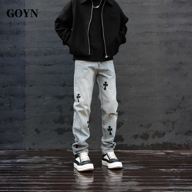 GOYN秋季美式复古修身男士印花百搭直筒高街男装时尚休闲牛仔长裤