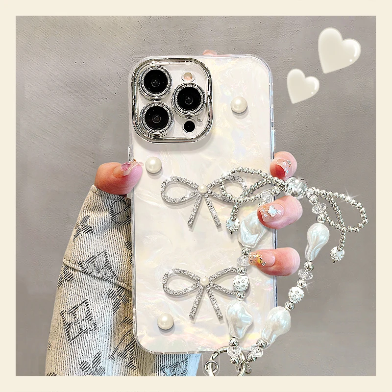 珍珠蝴蝶结公仔适用苹果15华为vivo/oppo小米iPhone贝壳纹手机壳