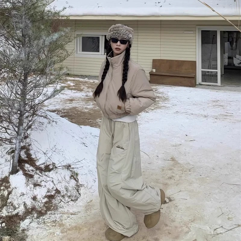 【欧大大专属】美式复古立领短款棉服女冬季显瘦百搭弯刀裤两件套