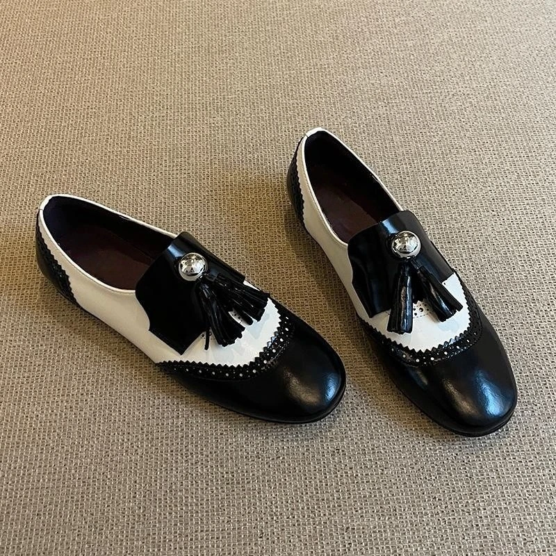 小众设计流苏布洛克雕花乐福鞋拼色百搭休闲单鞋英伦风皮鞋平底