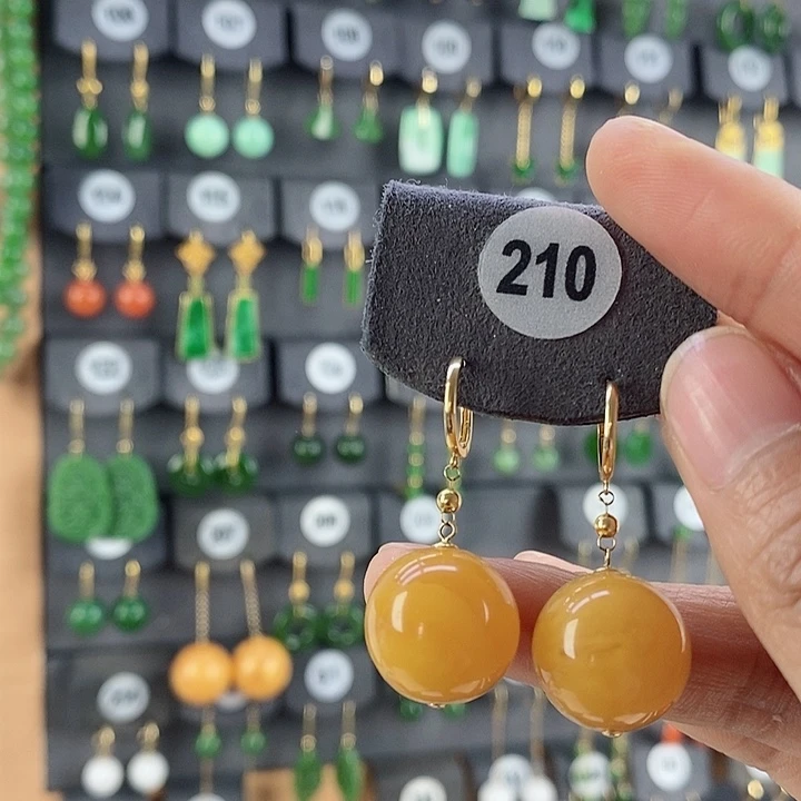 蜜蜡耳饰18K金镶嵌耳饰