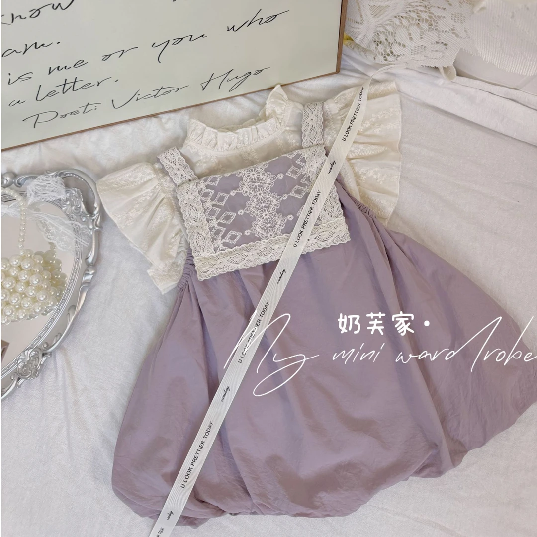2025定制款女童甜美韩版夏季洋气蕾丝拼接公主套装日系时尚洋气