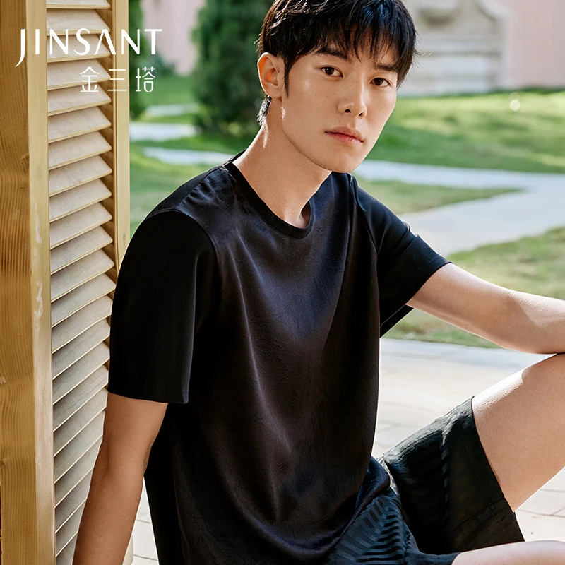 金三塔男真丝桑波缎圆领T恤运动休闲夏季透气舒适宽松简约短袖