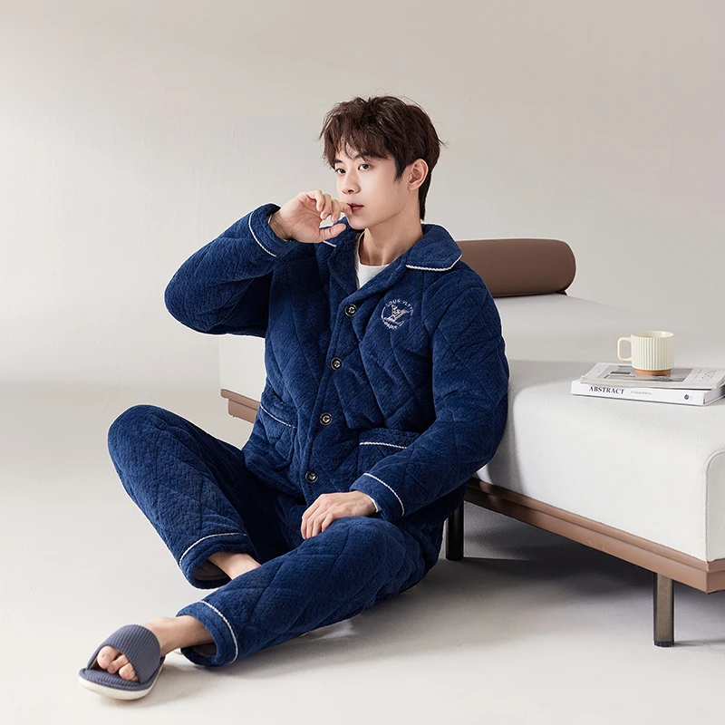冬天三层夹棉加厚男士睡衣家居服冬款加绒保暖中老年大码套装