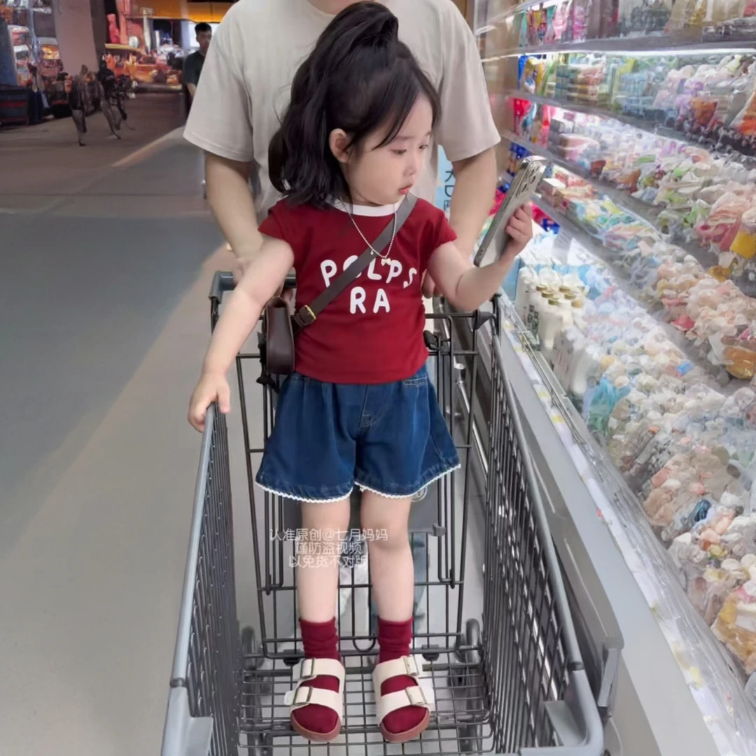 女童2025夏季新款时尚字母背心红上衣牛仔短裤套装洋气