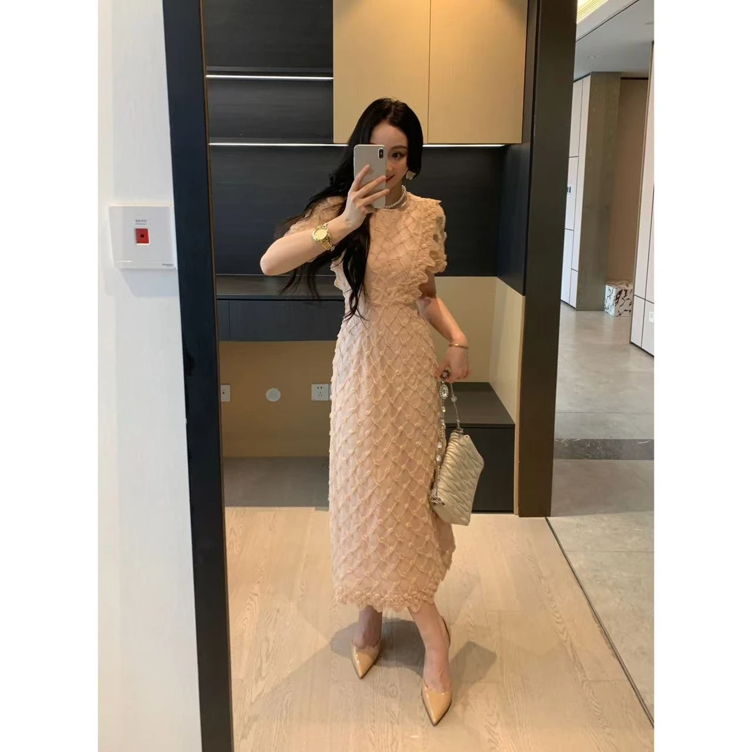 XINYI【粉雾玫瑰】夏季网纱连衣裙女收腰显瘦轻奢气质X625Q04822