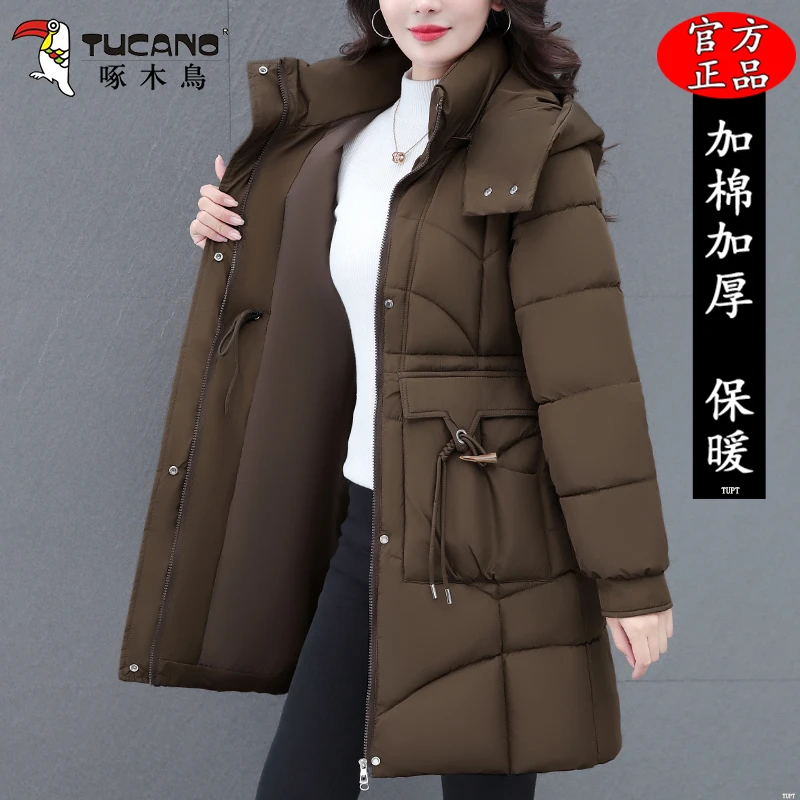 啄木鳥中长款棉服女冬季保暖棉衣2025年新款时尚显瘦棉袄加厚外套