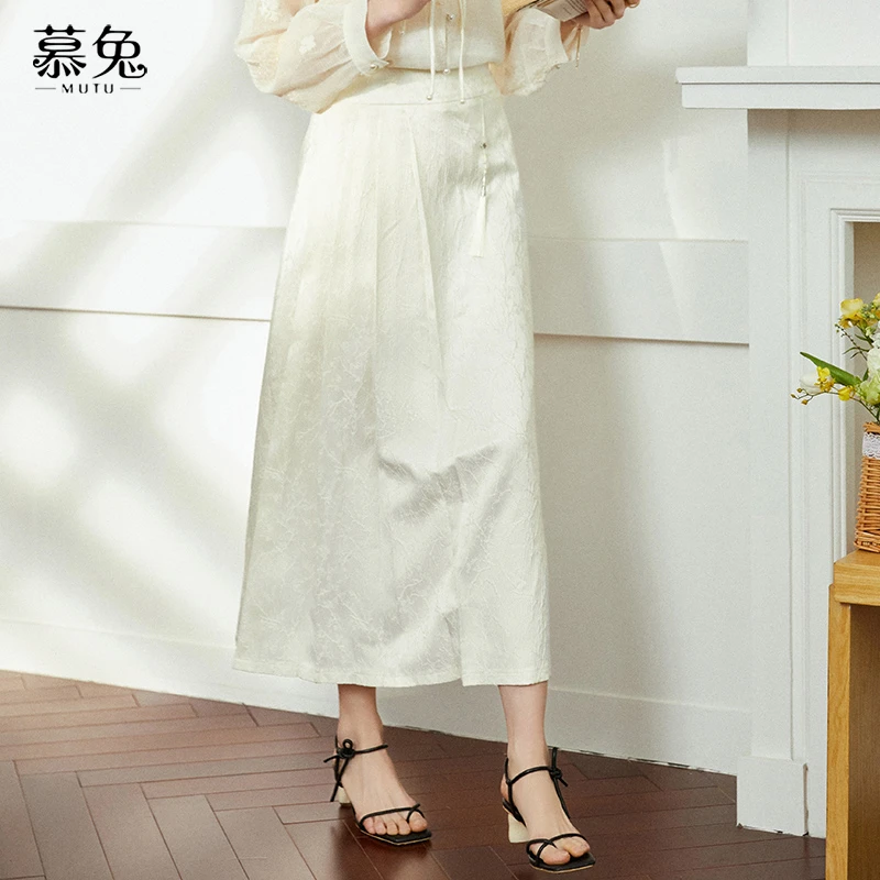 慕兔新中式国风百褶半身裙女2025春季新款高级感收腰显瘦a字裙子