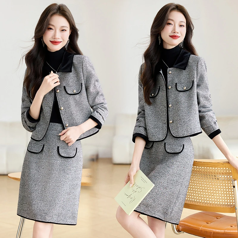 法式小香风拼色翻领套装裙女2025春秋新款轻熟风气质半身裙两件套