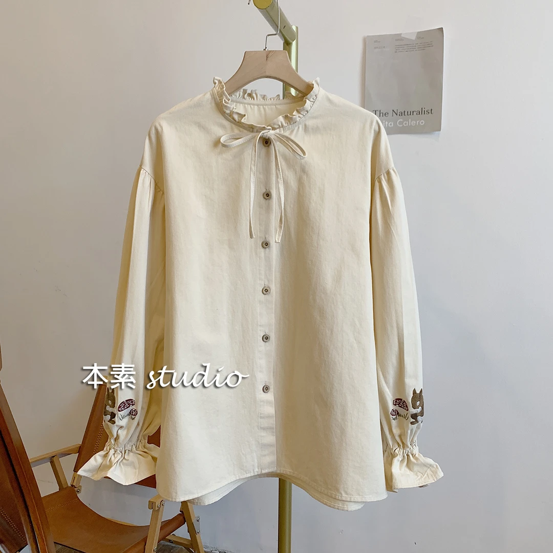 【小松鼠】M9144磨毛小松鼠刺绣系带木耳边立领衬衫