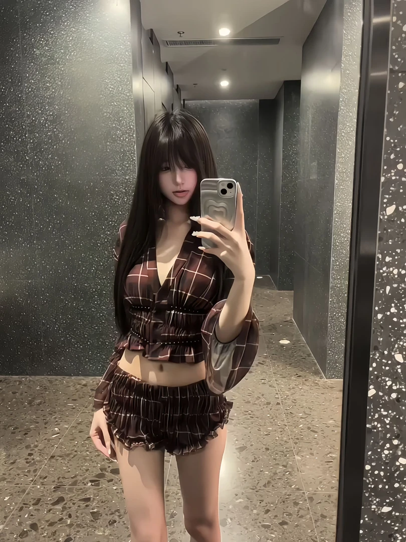 纯欲辣妹性感夏季新款格纹褶皱多层花边铆钉长袖上衣女+高腰短裤