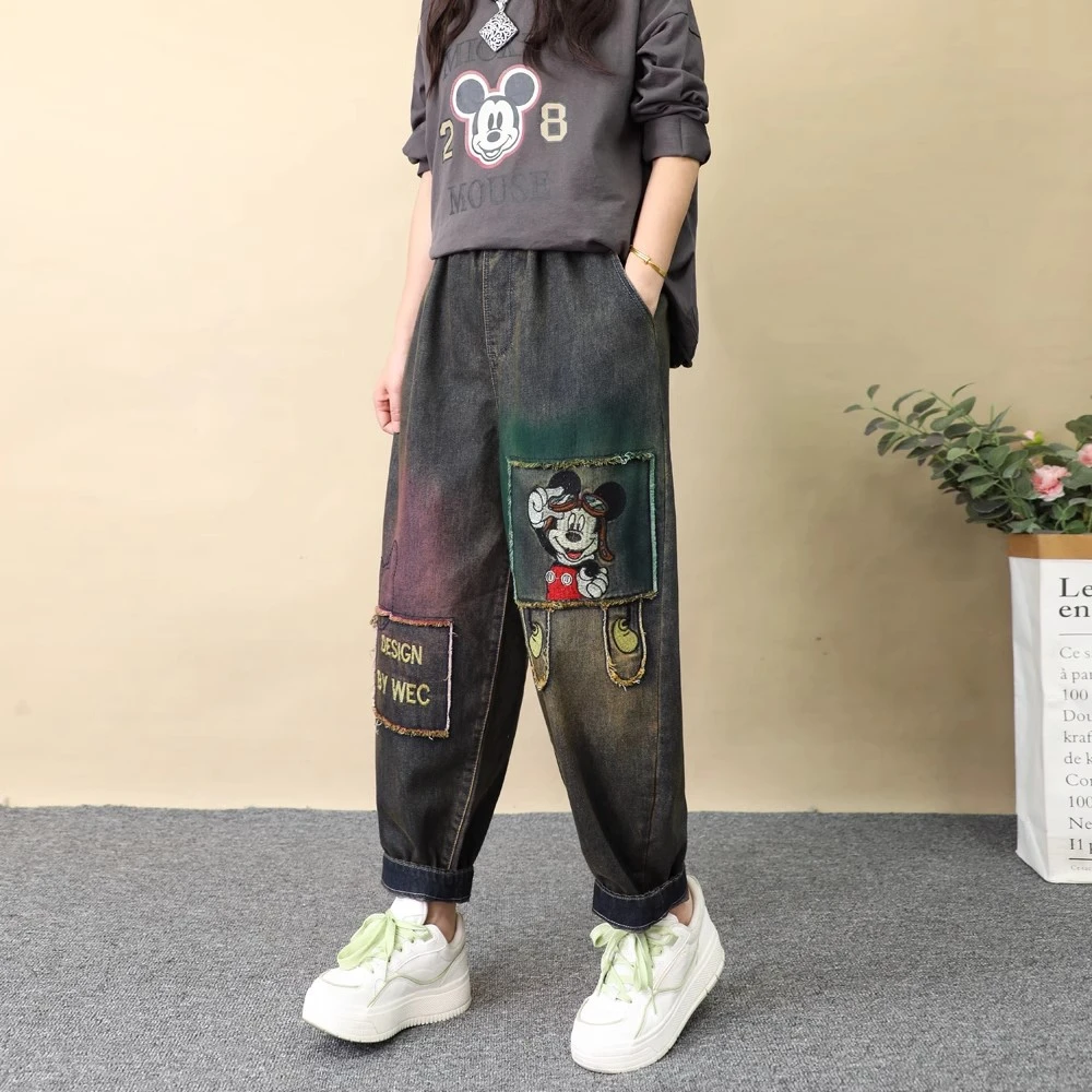 老爹裤薄款牛仔裤女贴布卡通米老鼠刺绣春季复古磨白做旧哈伦裤