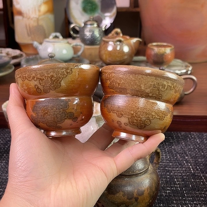 柴烧中白泥葫芦精品对杯