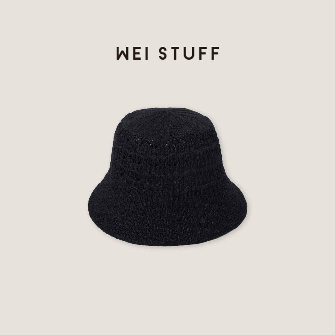 WEI STUFF  春夏新款黑色经典时尚简约纯色镂空针织渔夫帽 8748