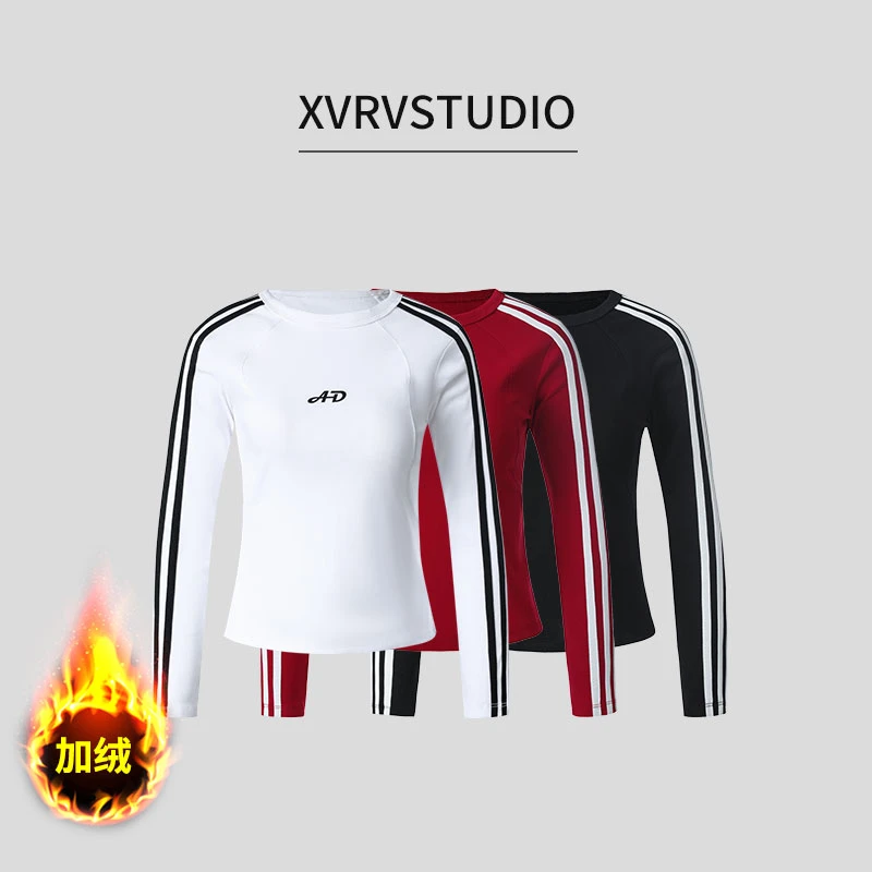 XVRV2025秋冬新款条纹T恤加绒三条杠运动上衣圆领套头印花长袖