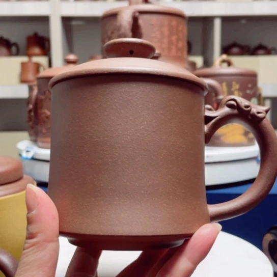 紫砂茶杯紫泥龙把杯