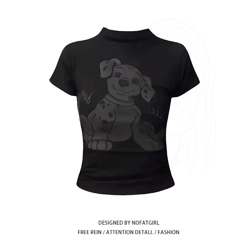 微胖mm美式复古狗狗印花短袖T恤女夏季新款修身显瘦黑色时尚上衣