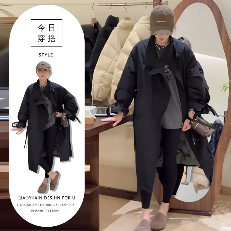 春秋新款韩系潮流休闲百搭宽松外套女高级感别致纯色中长款风衣潮