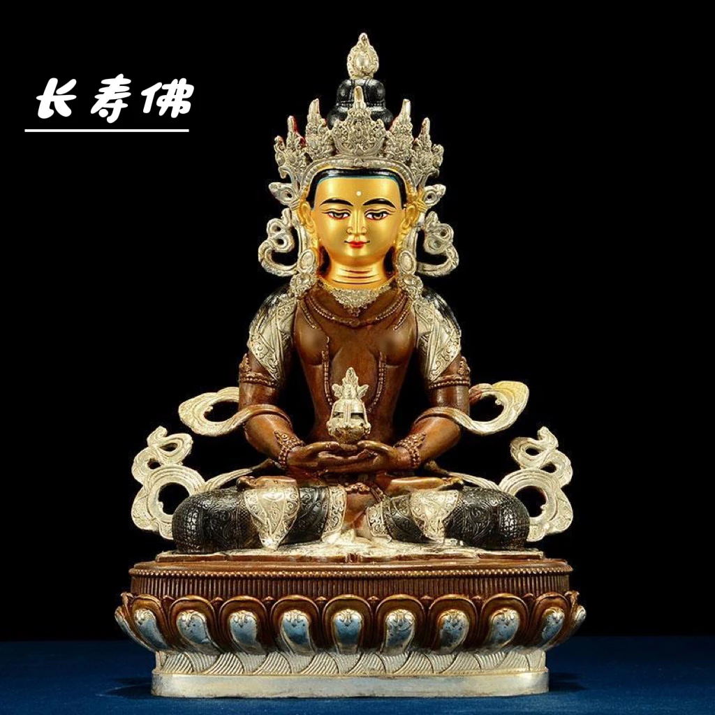 纯铜精工鎏银长寿佛家用摆件