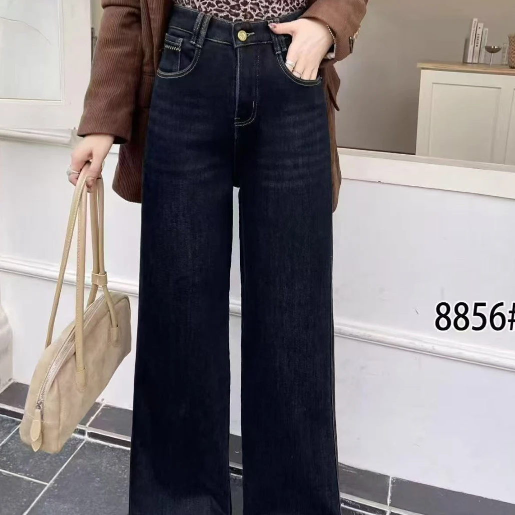 高腰加绒窄版直筒牛仔裤秋冬百搭显瘦