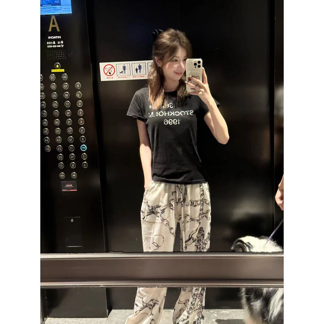 【思琦定制】夏季新款时尚圆领字母印花短袖洋气显瘦百搭裤子