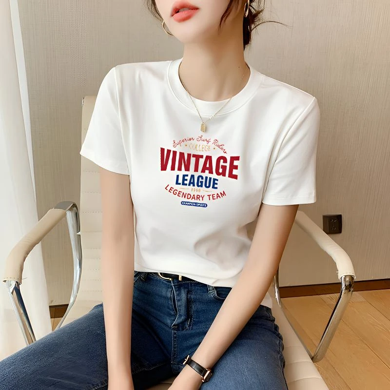 【VINT字母】圆领短袖T恤女夏季百搭半袖修身显瘦洋气白色印花上衣