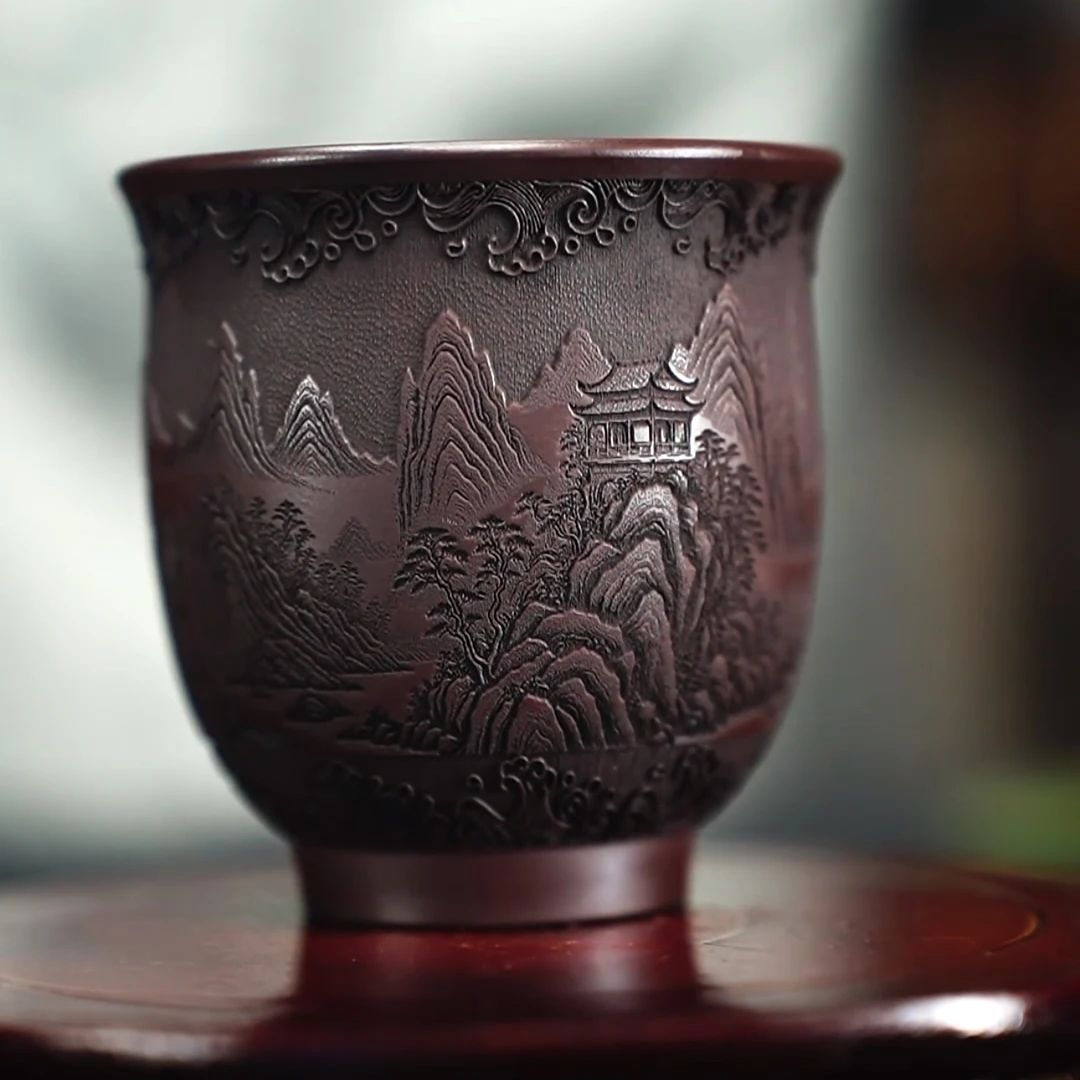 手工浮雕山水设计刻绘高端紫砂主人杯茶具品茗杯龙血砂泥料150c