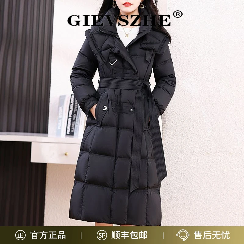 纪诗哲收腰长款羽绒服女连帽90白鸭绒冬季新款过膝高级感保暖外套