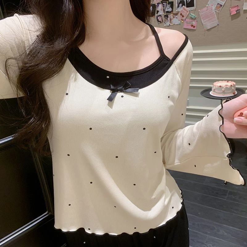 秋冬季波点假两件带胸垫睡衣长袖女款爆款2025新款甜美家居服套装