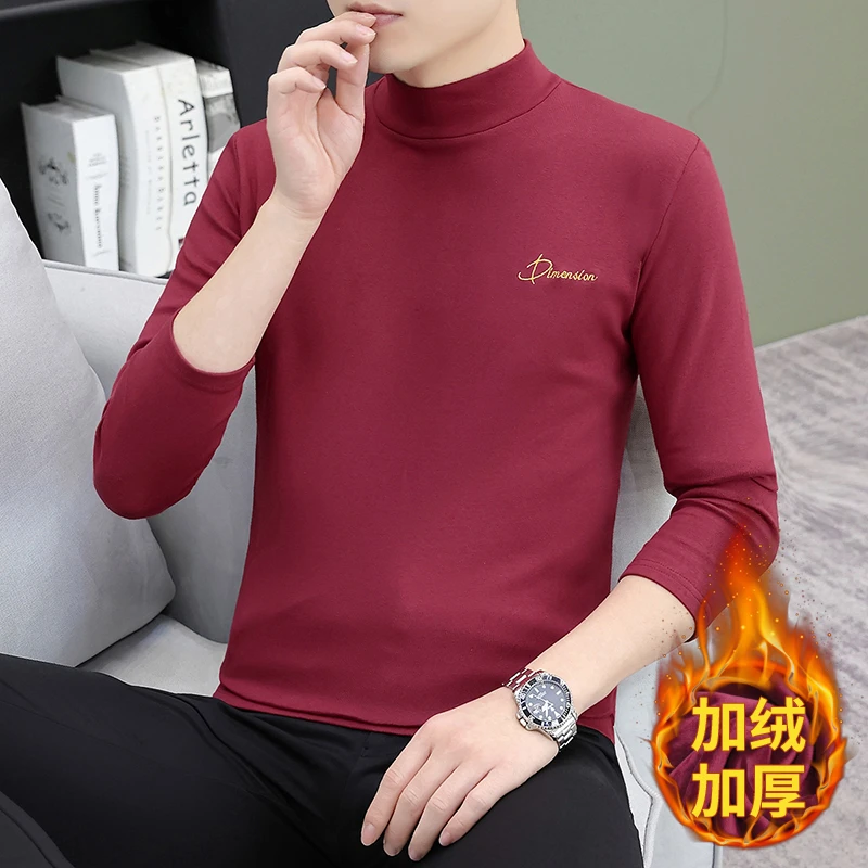 纯色保暖衣男半高领纯棉加绒厚款t恤流行中国红男款舒冬季上衣服