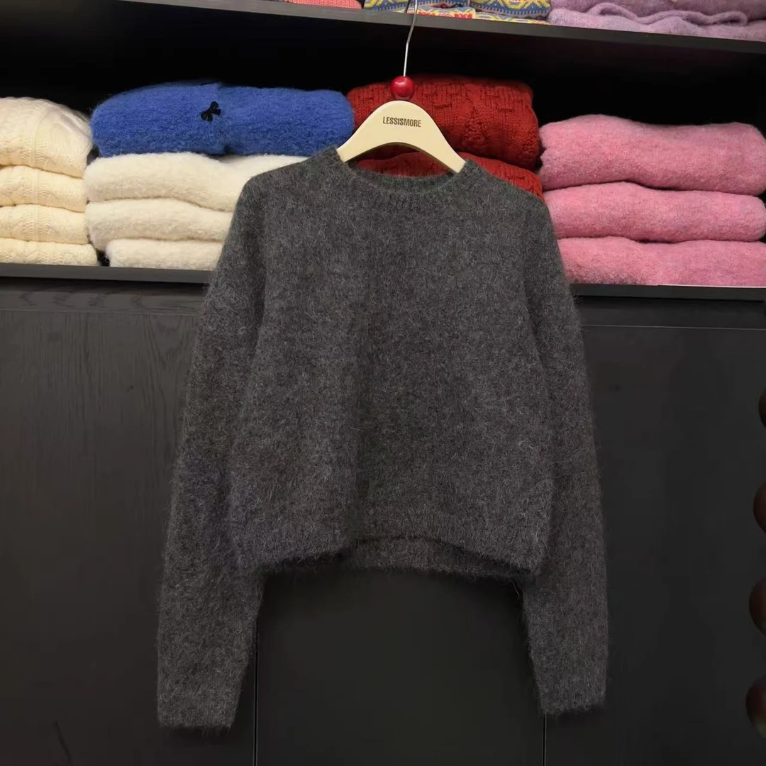 T2216 韩系简约圆领深灰套头毛衣慵懒风百搭针织衫上衣休闲秋冬