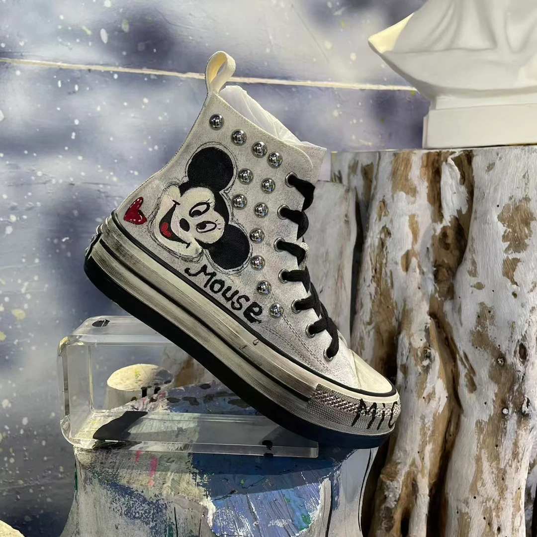 高帮潮鞋设计师涂鸦款可爱米奇高帮帆布鞋休闲百搭MW2056