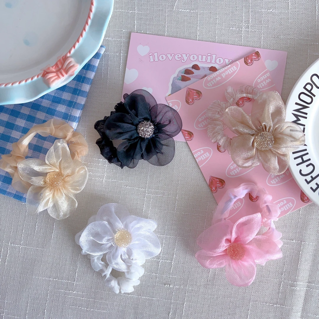 新款小众花朵发圈优雅气质日韩女童简约复古水钻头绳女孩发圈发饰