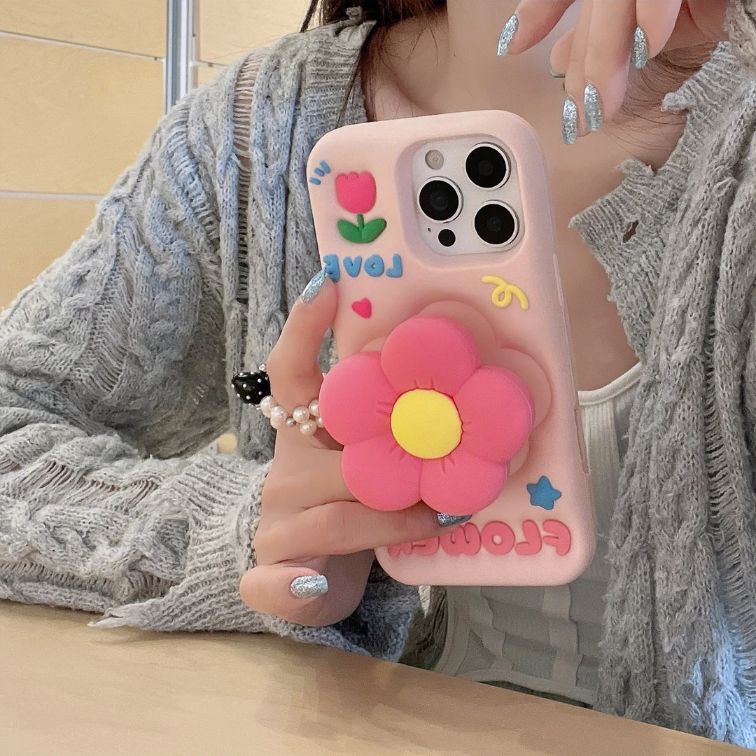 适用【苹果/oppo/vivo/小米/华为】硅胶粉色支架大花朵立体防摔软壳