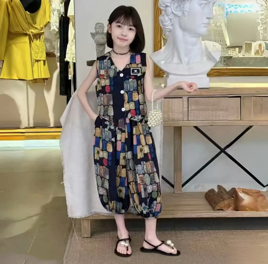女童洋气夏薄款阔腿裤套装2025新款女孩韩版时髦休闲夏天两件套