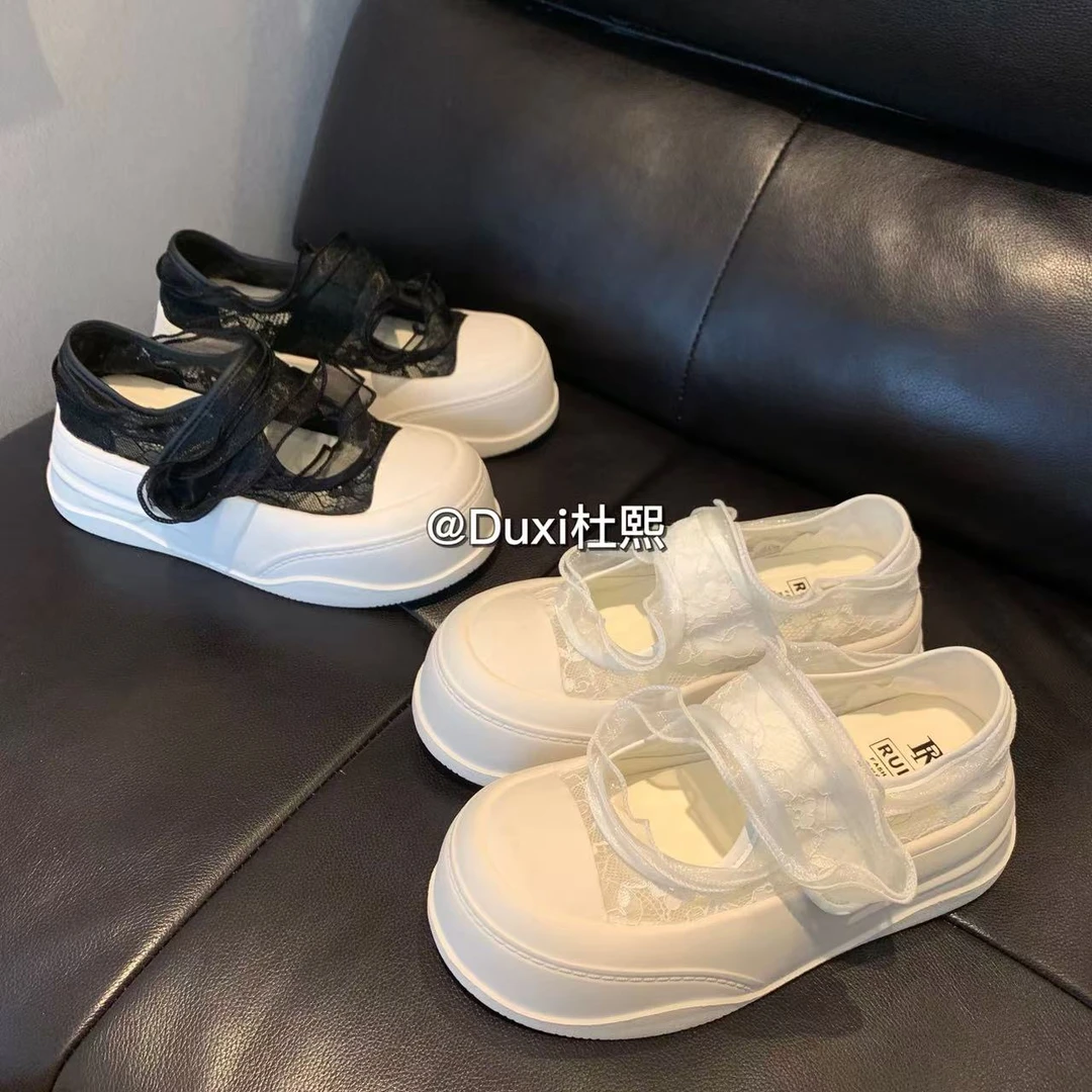 Duxi杜熙2025夏新款厚底增高欧根纱设计魔术贴款镂空透气小众女鞋