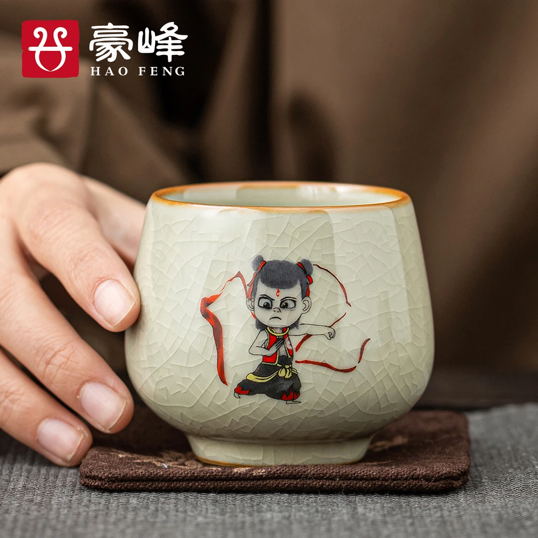 《哪吒魔童》哪咤汝窑茶杯主人杯陶瓷功夫茶具家用品茗杯送礼盒装
