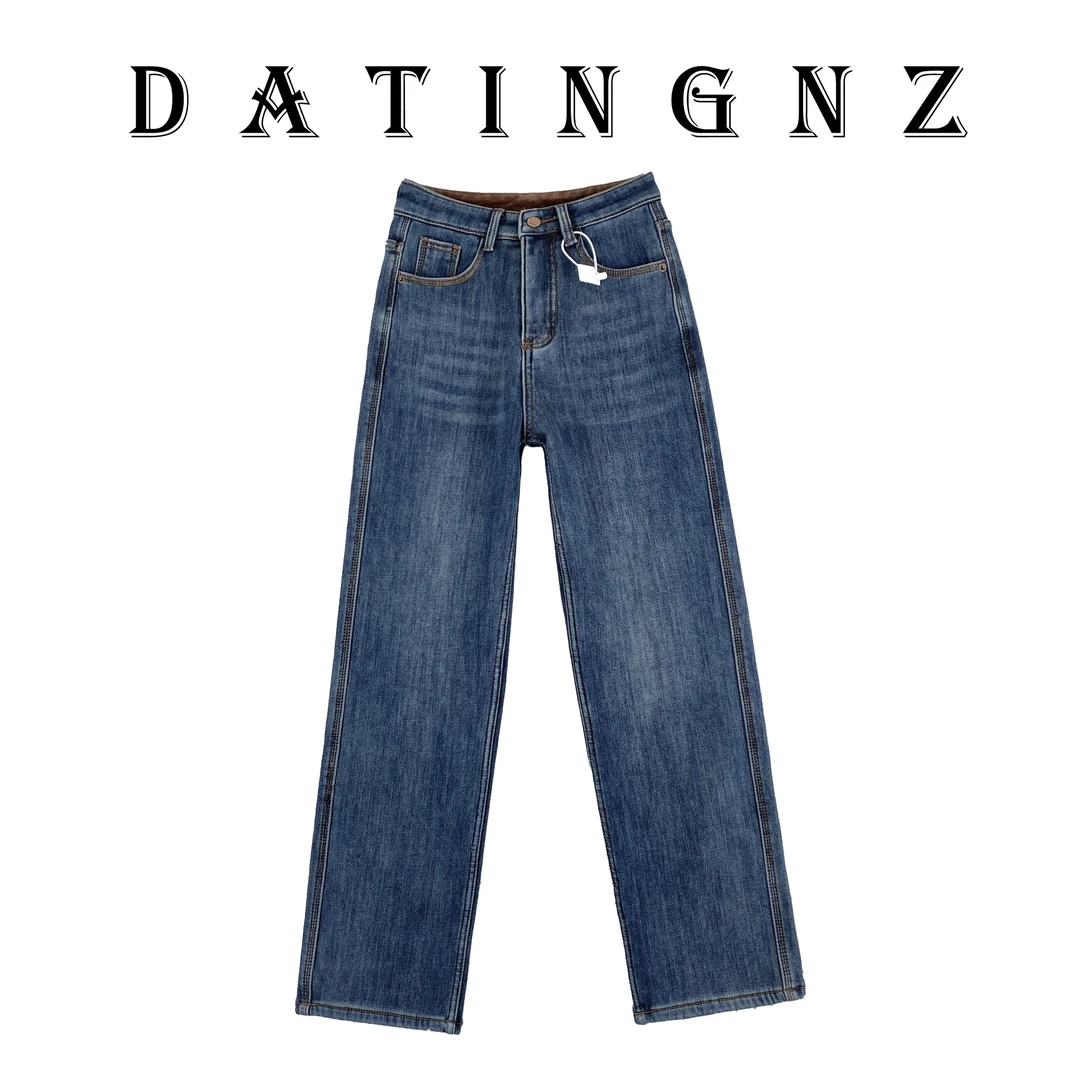 2024冬季女新款遮肉显瘦高腰垂感牛仔直筒裤加绒宽松款阔腿裤9212