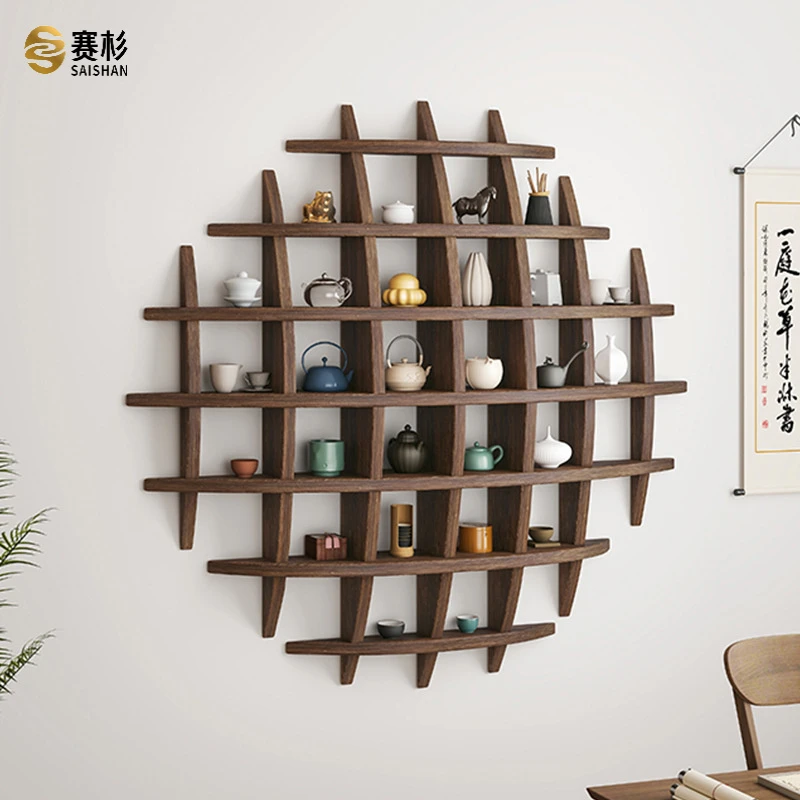 壁挂式博古架实木中式挂墙茶杯架墙上多宝阁格子架置物架背景展示
