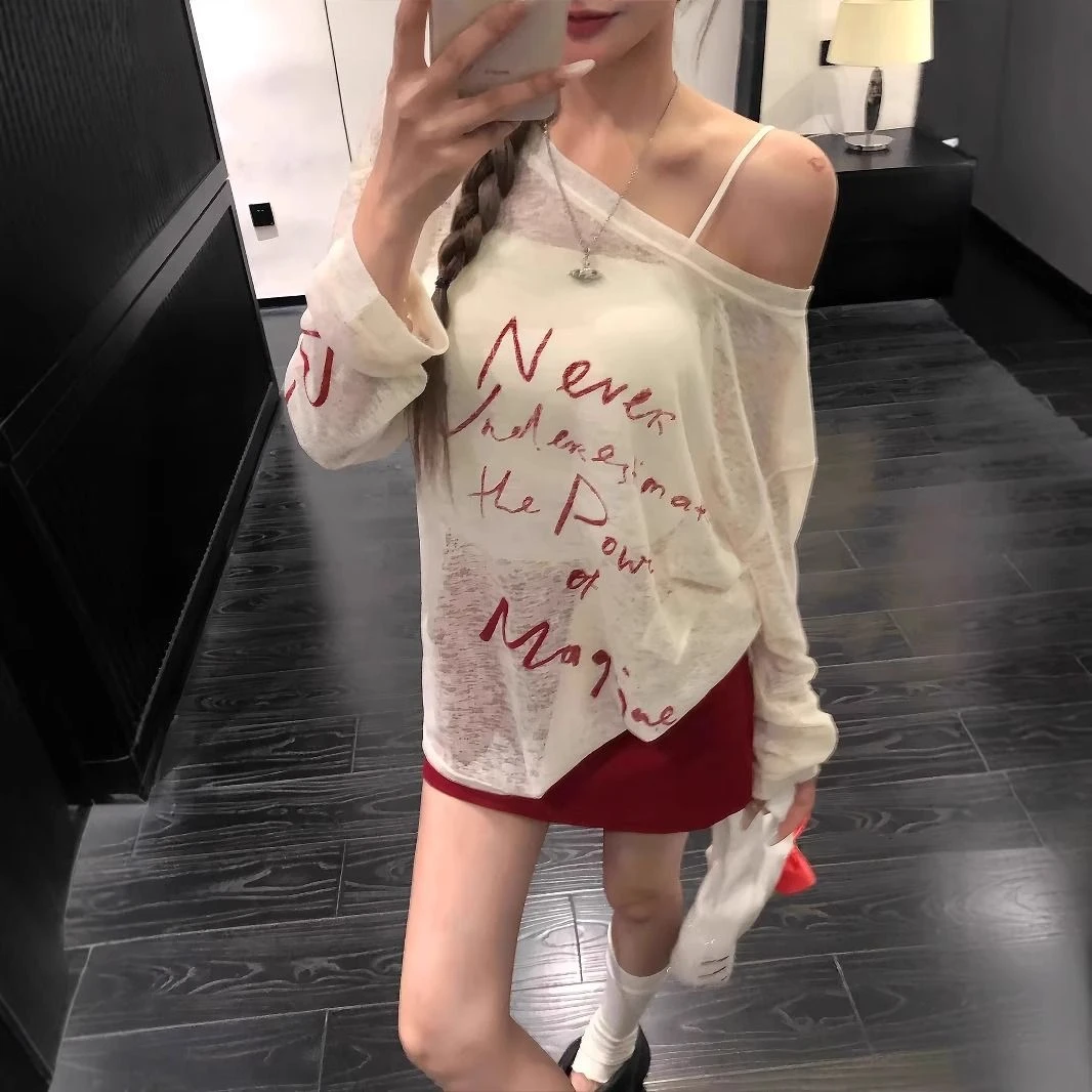 美式字母印花斜肩防晒长袖T恤女士夏薄款微透辣妹外搭空调衫上衣