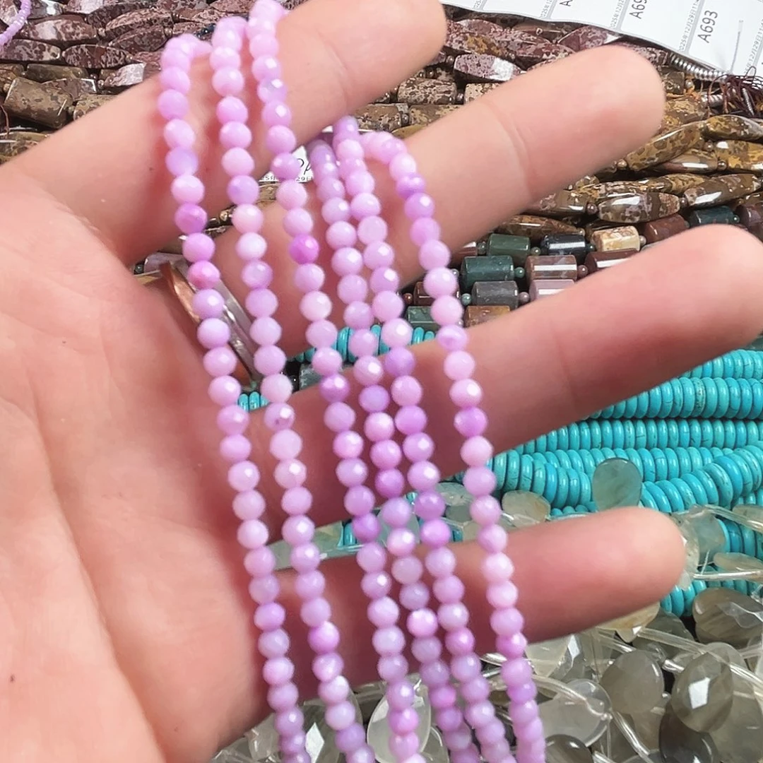 玛瑙/玉髓合金珠宝半成品A685，紫锂辉颜色切面圆珠一条4mm