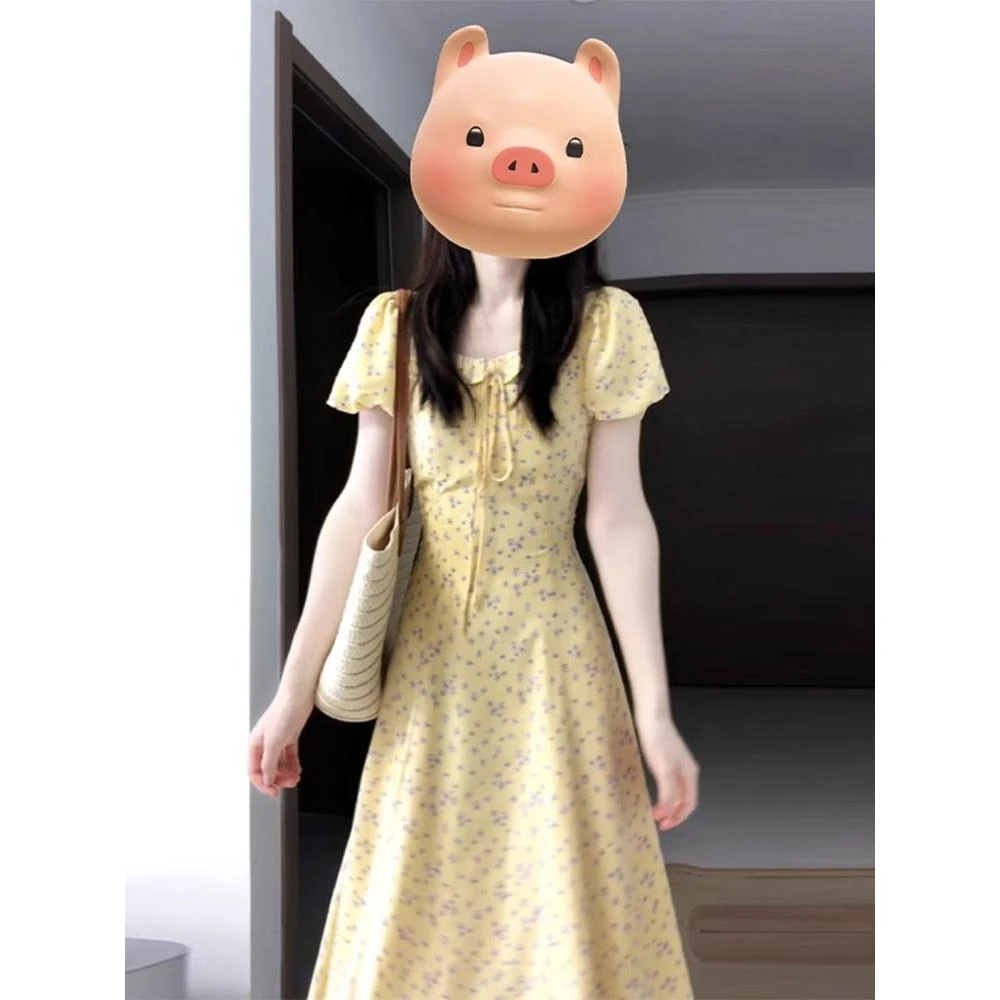 优品多巴胺穿搭法式黄色碎花连衣裙子女装新款绝美长裙小个子