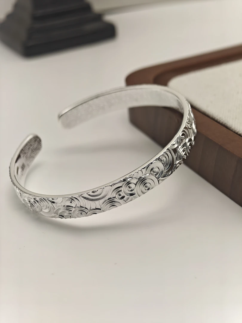 吉满福 足银手镯 水波纹开口足银999.9百搭时尚个性经典实心