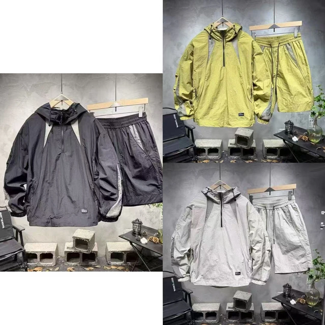 夏季防晒衣运动套装男士潮牌轻薄透气速干连帽长袖外套短裤两件套